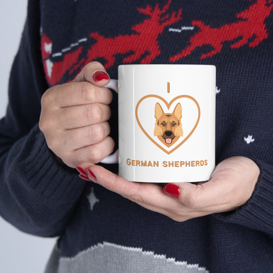 White ceramic mug with "I Love German Shepherds" text.
