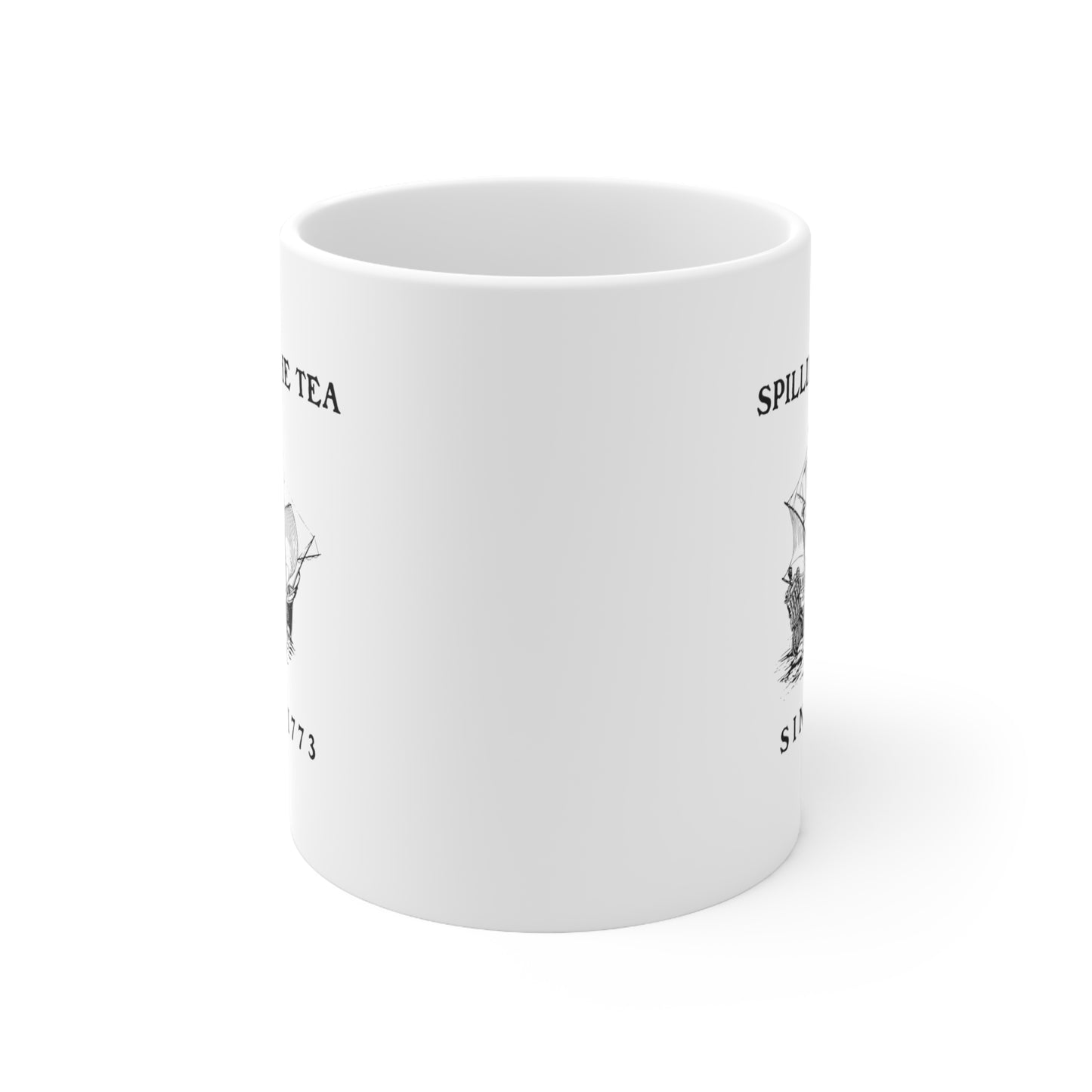 Boston Tea Party joke themed ceramic coffee cup