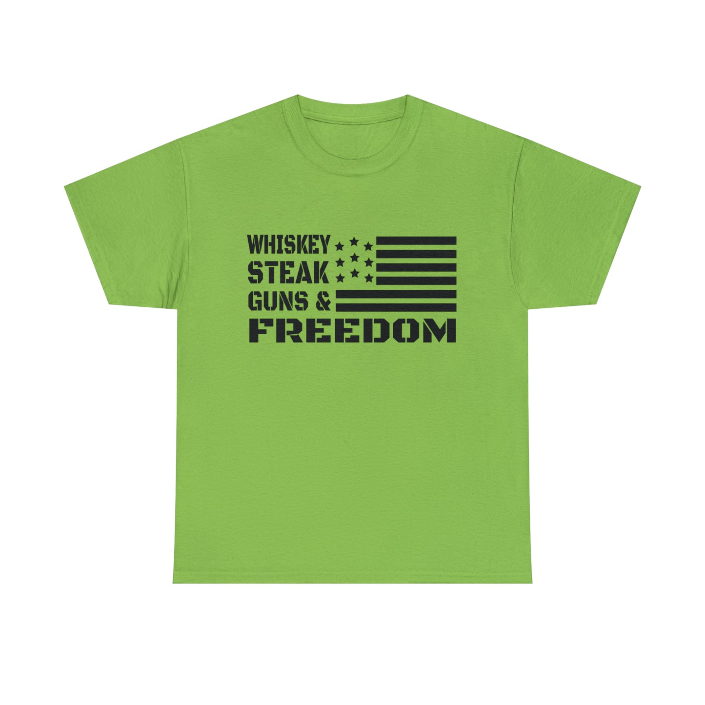Rustic American flag t-shirt with whiskey, steak, and guns text
