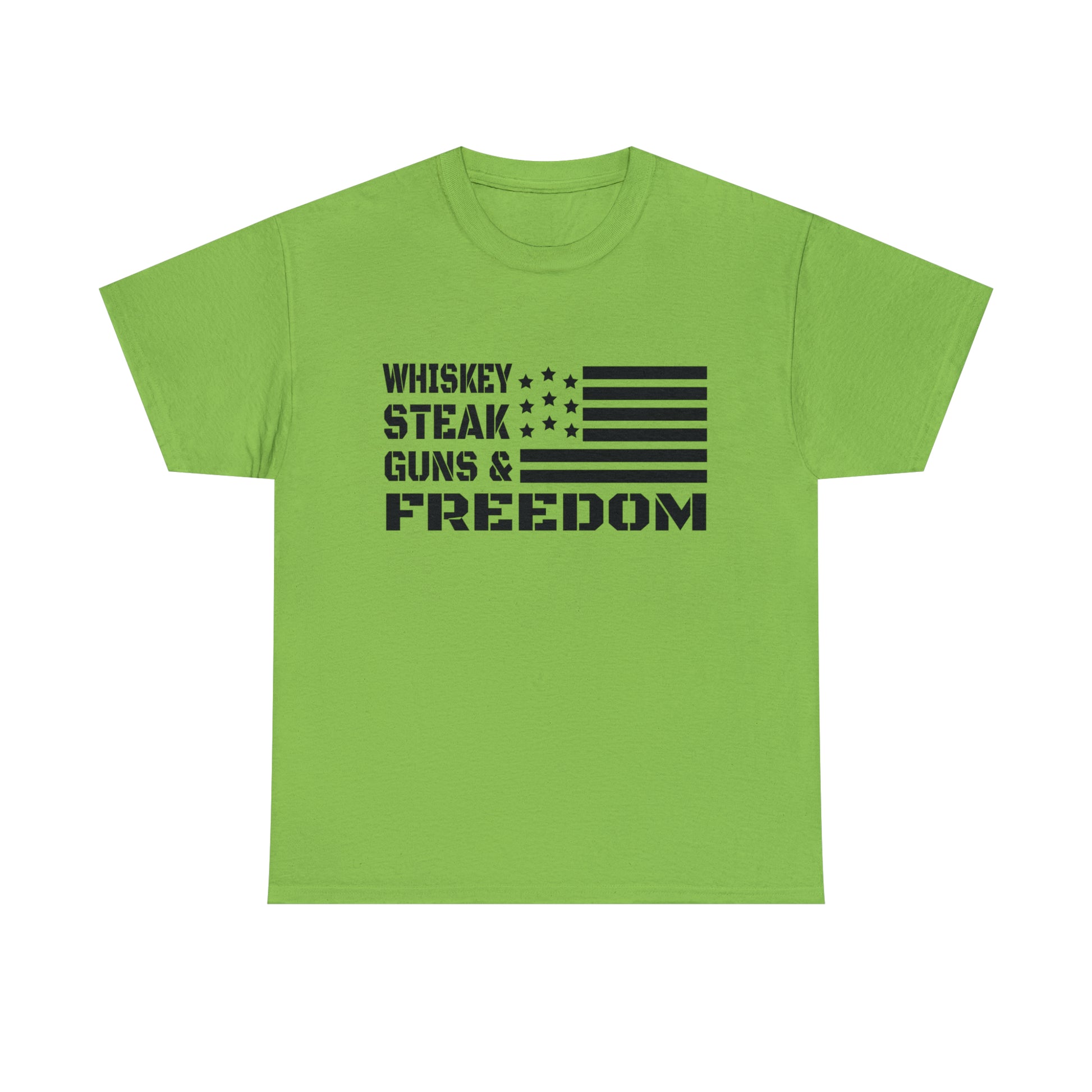 Rustic American flag t-shirt with whiskey, steak, and guns text
