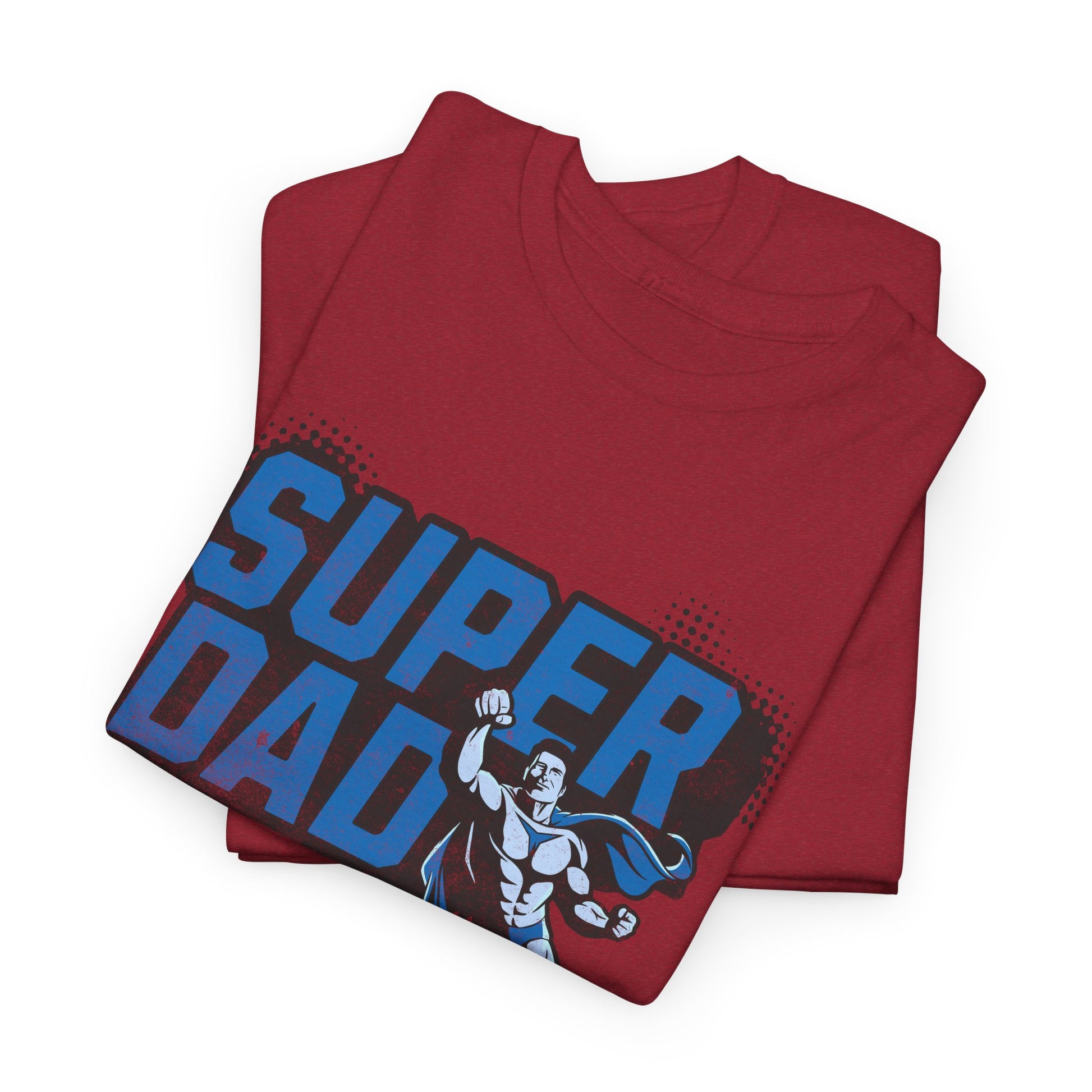 Folded red t-shirt with 'Super Dad' text and superhero graphic on a white background