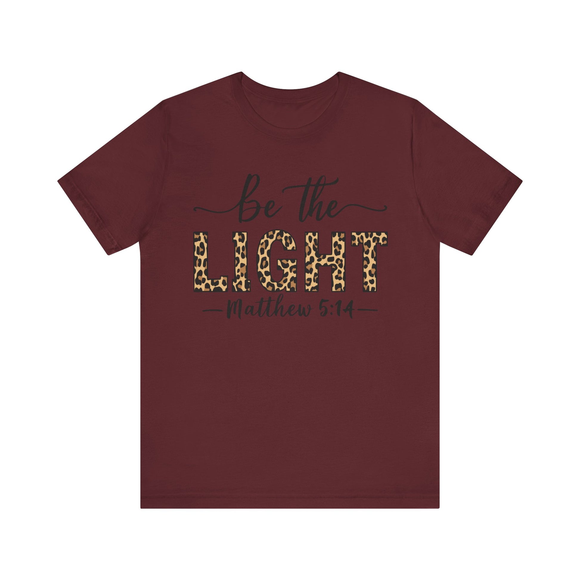 "Be The Light Christian T-Shirt with Cheetah Print Matthew 5:14"