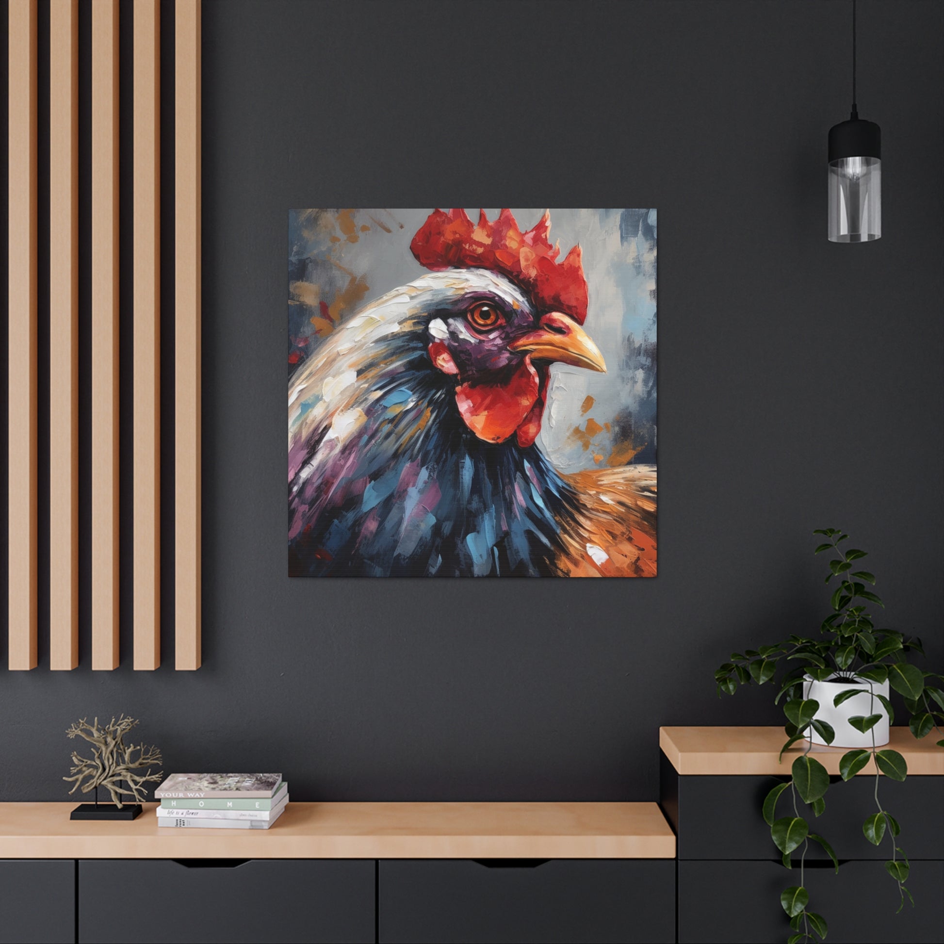 Farmhouse wall print with vibrant rooster artwork
