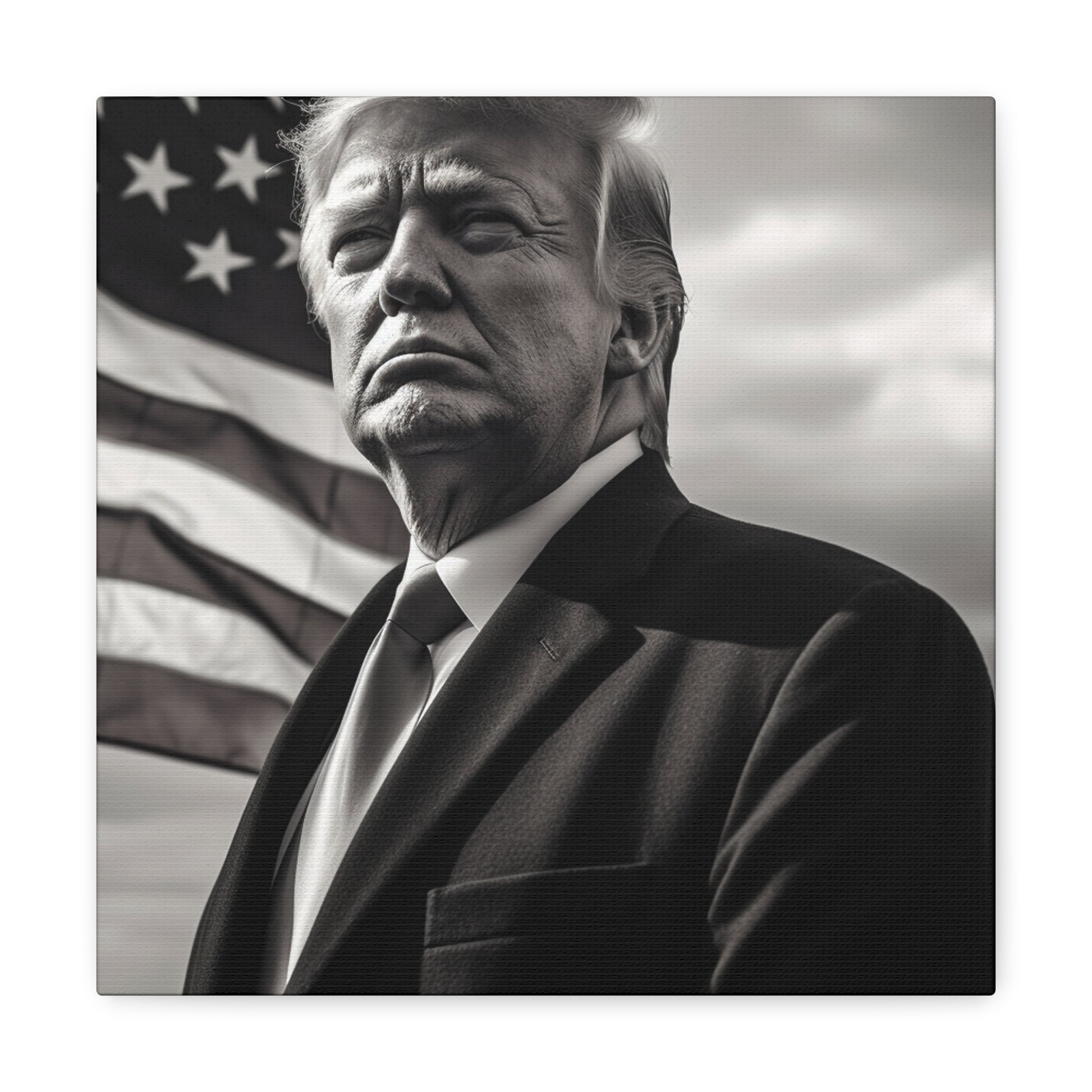 Presidential canvas art of Donald Trump standing in front of American flag.
