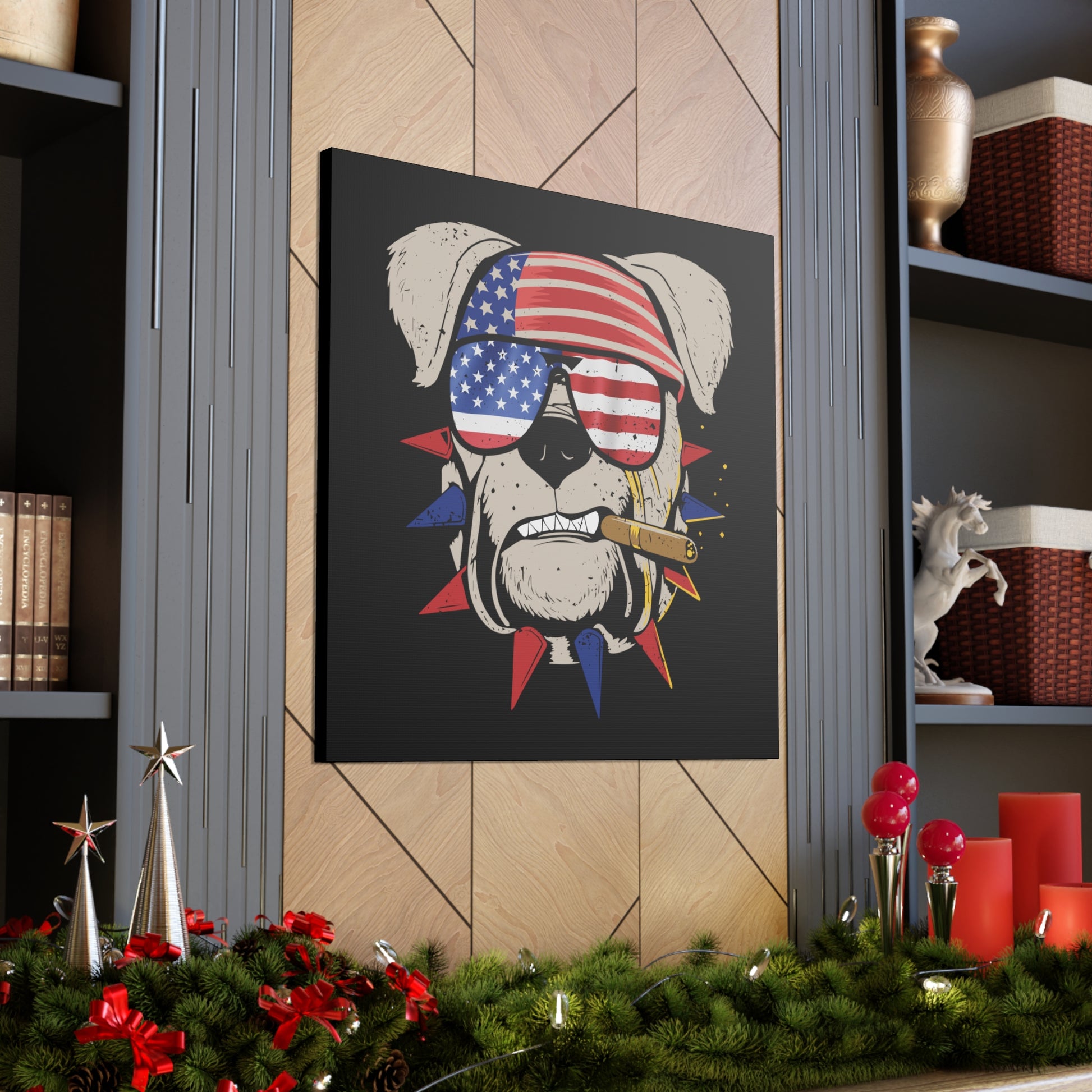 Bulldog wall art featuring cigar-smoking dog with USA flag shades.
