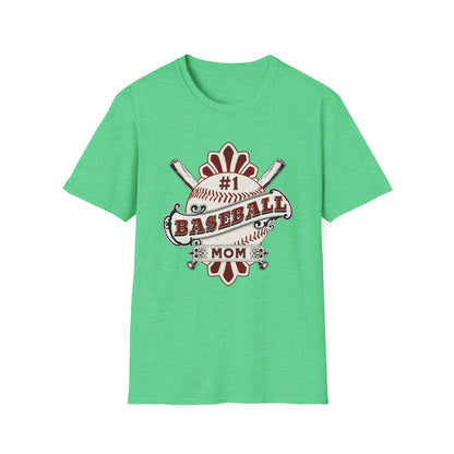 Green t-shirt with '#1 Baseball Mom' graphic on a white background
