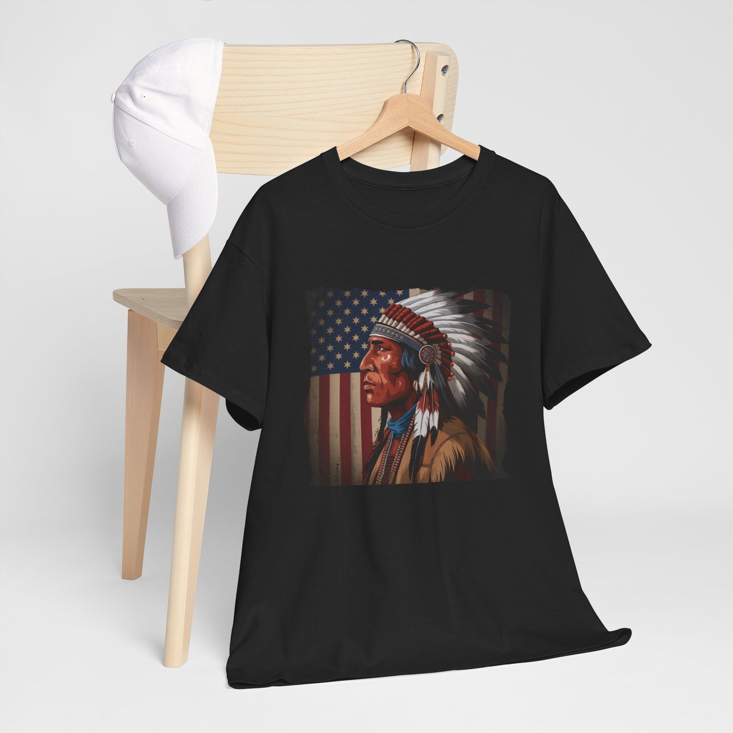Native American t-shirt featuring warrior profile and flag
