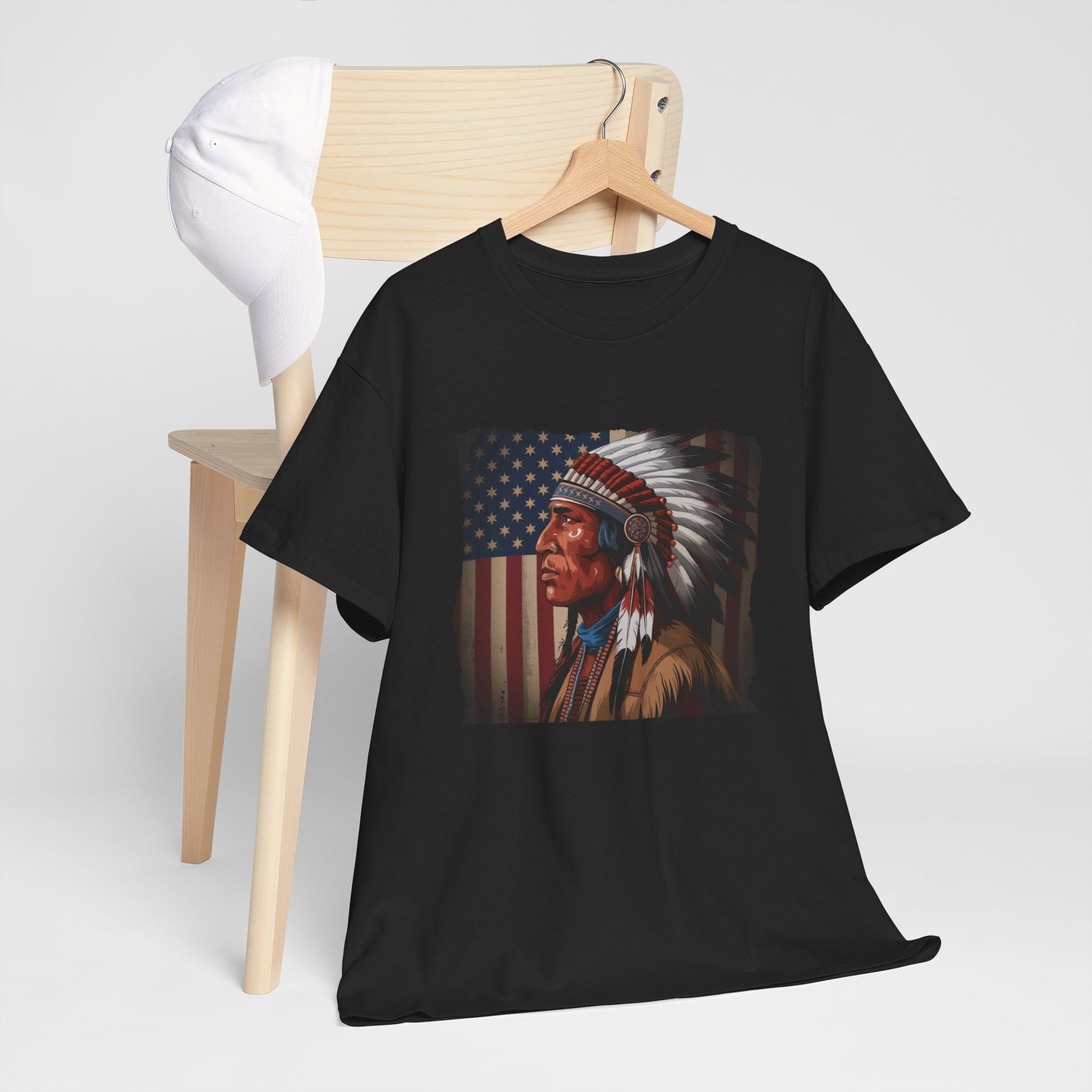Native American t-shirt featuring warrior profile and flag
