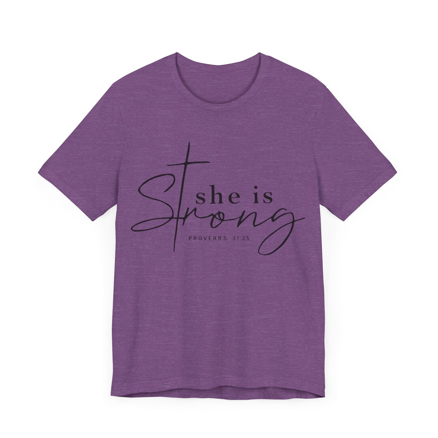 "Ethically Made 'She is Strong' T-Shirt with Biblical Verse"