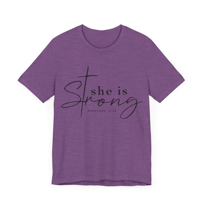 "Ethically Made 'She is Strong' T-Shirt with Biblical Verse"