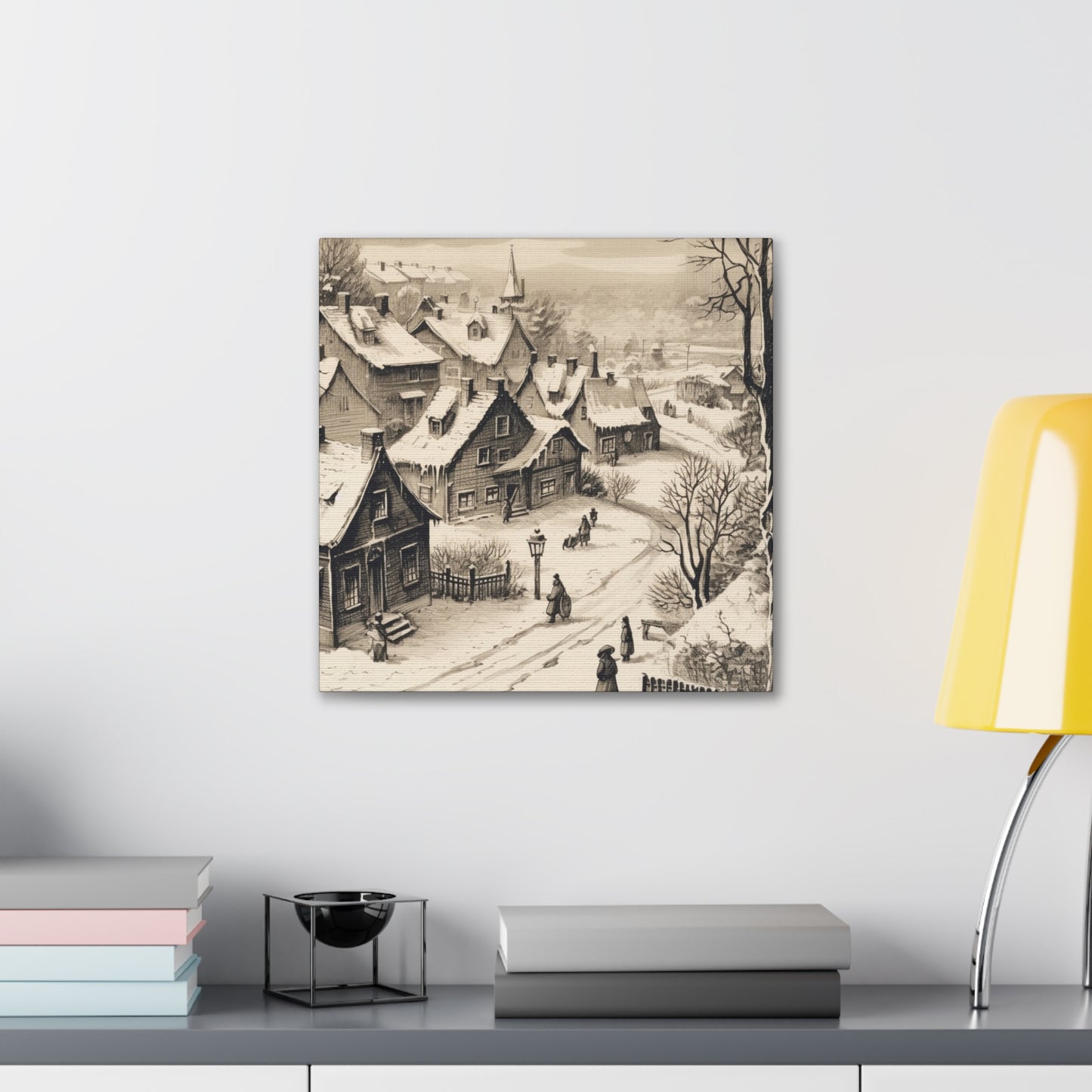 Charming snowy village canvas drawing for festive ambiance