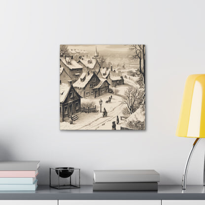 Charming snowy village canvas drawing for festive ambiance
