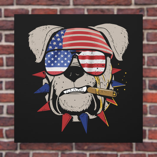 American Bulldog art canvas with patriotic bandana and flag sunglasses.
