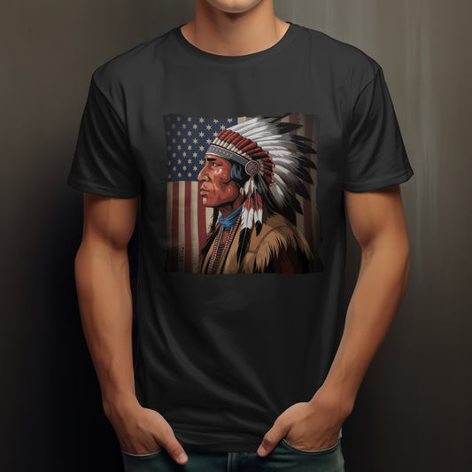 Native American t-shirt with flag backdrop and feathered headdress
