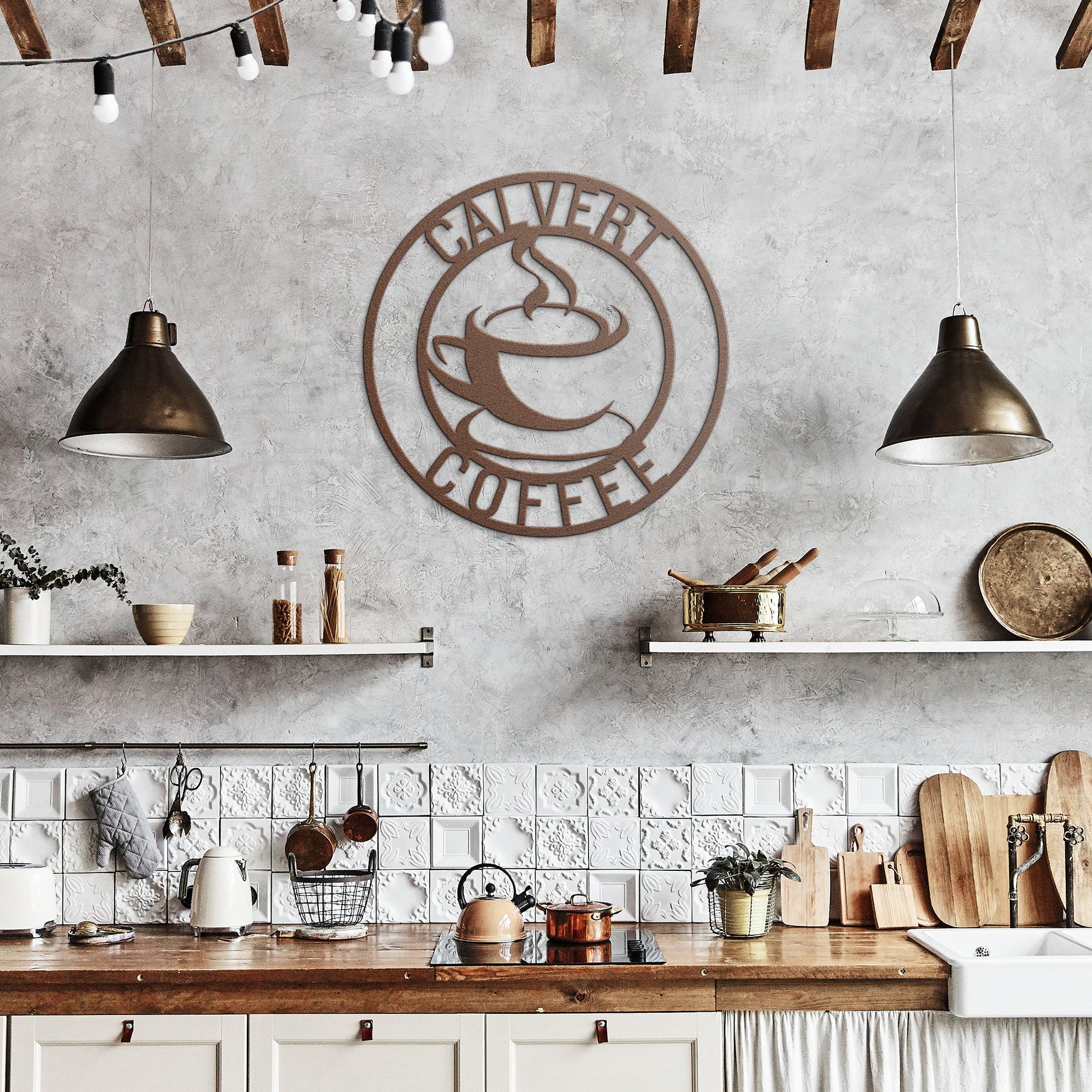 Elegant metal coffee sign with last name personalization
