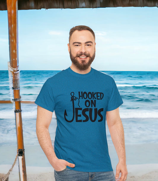 Hooked On Jesus T-Shirt Christian Fishing Tee Faith Shirt for Outdoors
