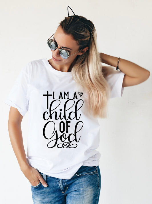 Christian t-shirt featuring "I Am a Child of God" statement.
