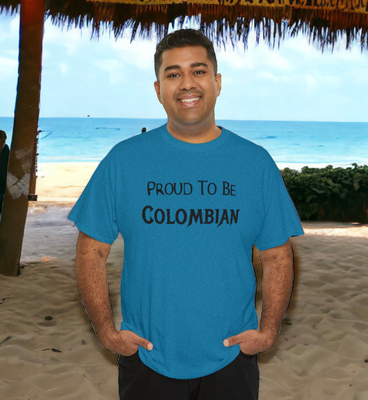 "Proud to Be Colombian" cultural heritage t-shirt in 100% cotton.