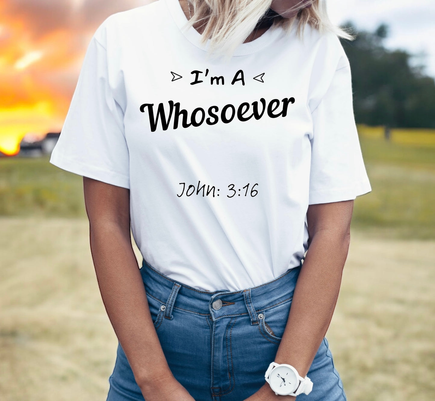 "John 3:16 'I'm a Whosoever' believer T-shirt in black and white."