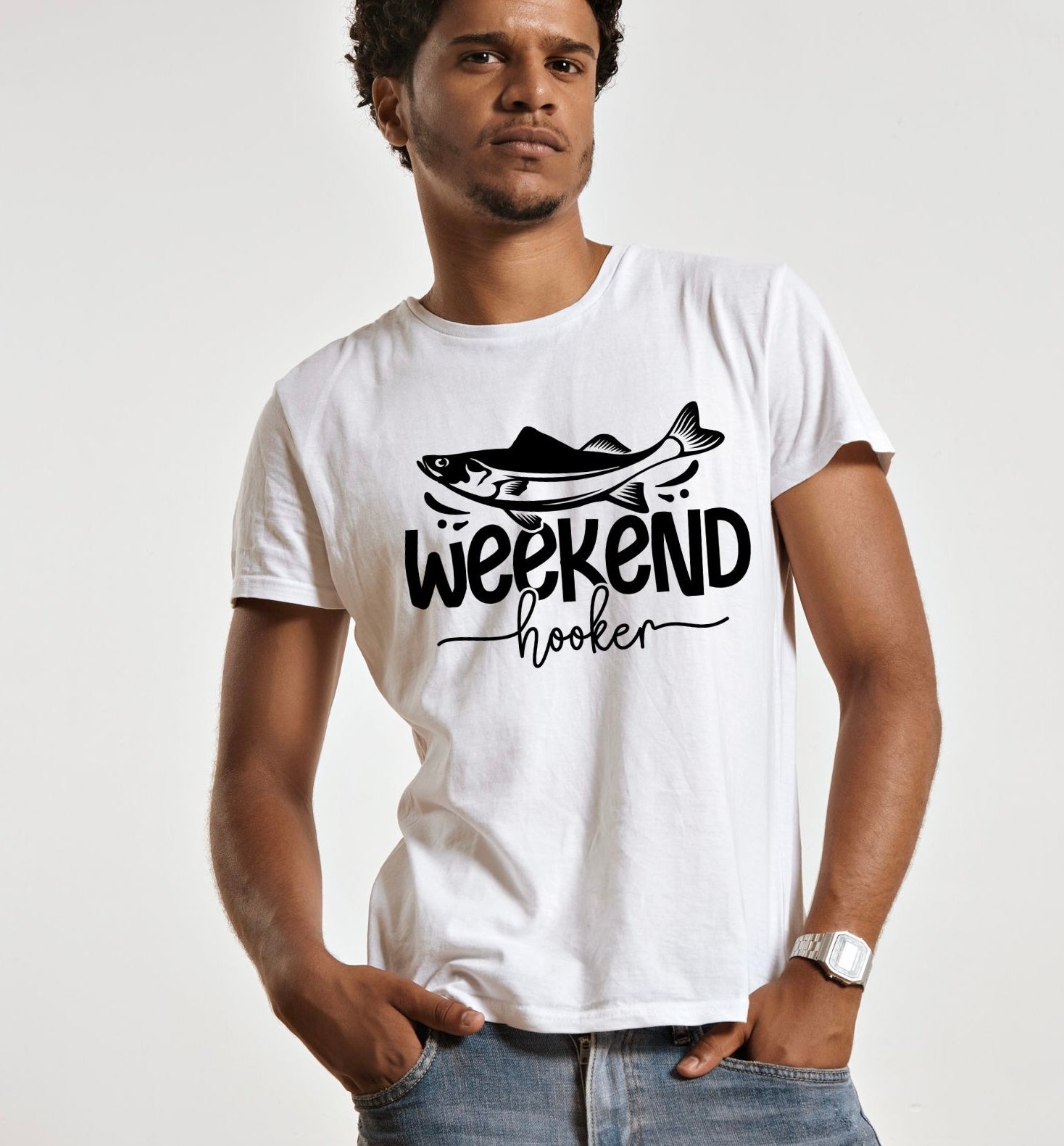 Funny fishing t-shirt with "Weekend Hooker" text and fish graphic
