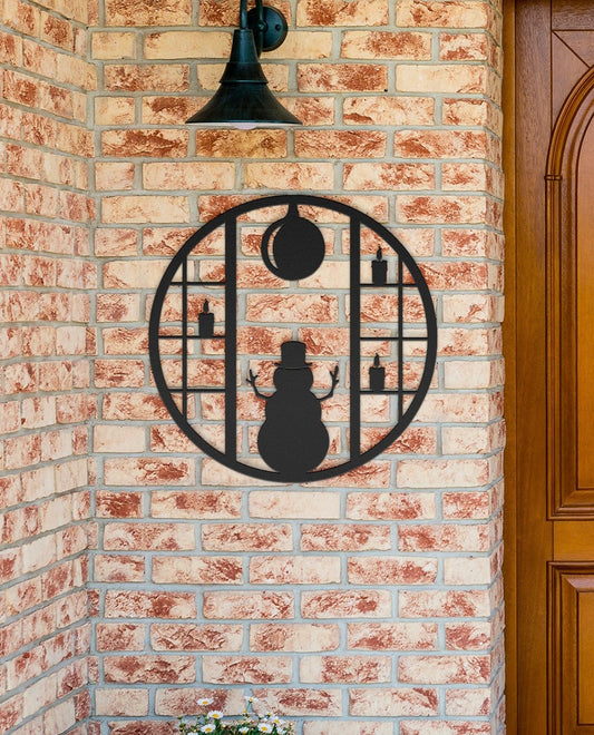 Metal snowman sign in black steel finish for outdoor winter decor.
