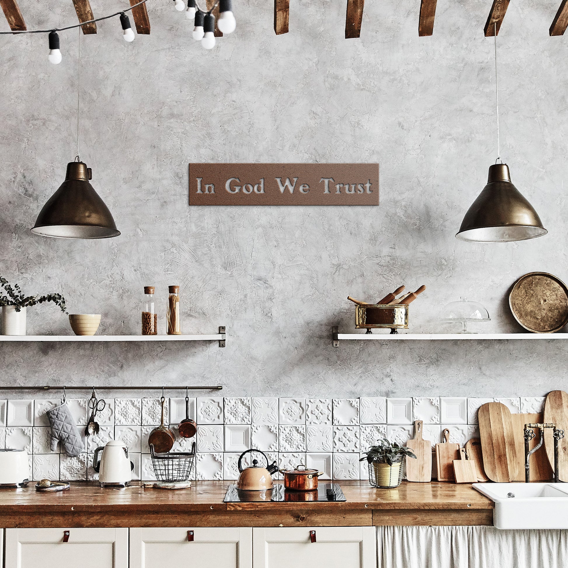 Faith and patriotism symbolized in "In God We Trust" steel sign