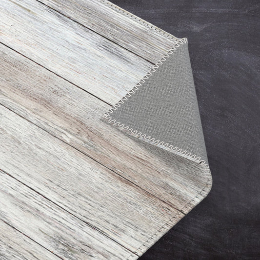 Grey rustic wood floor pattern area rug in various sizes.