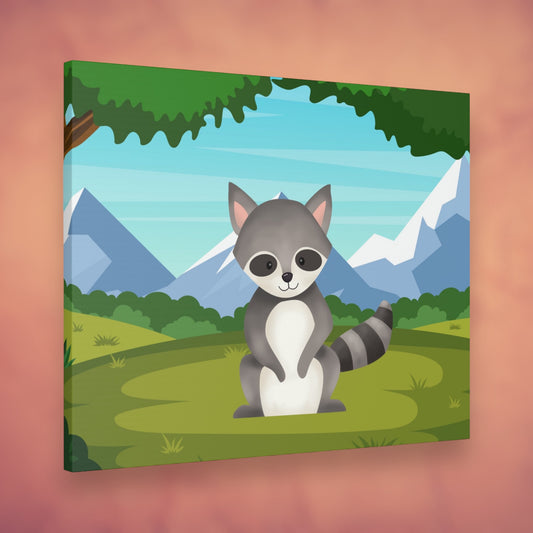 Raccoon canvas wall art with mountain range background.

