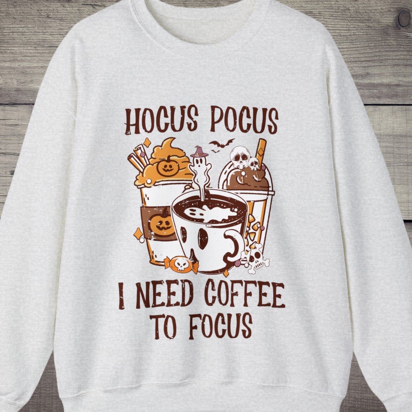Hocus Pocus I Need Coffee to Focus sweatshirt with coffee graphics
