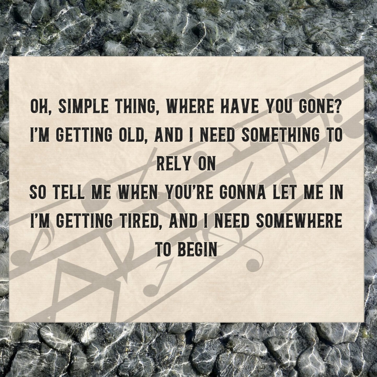 Custom song lyric sign with tan background and music notes.
