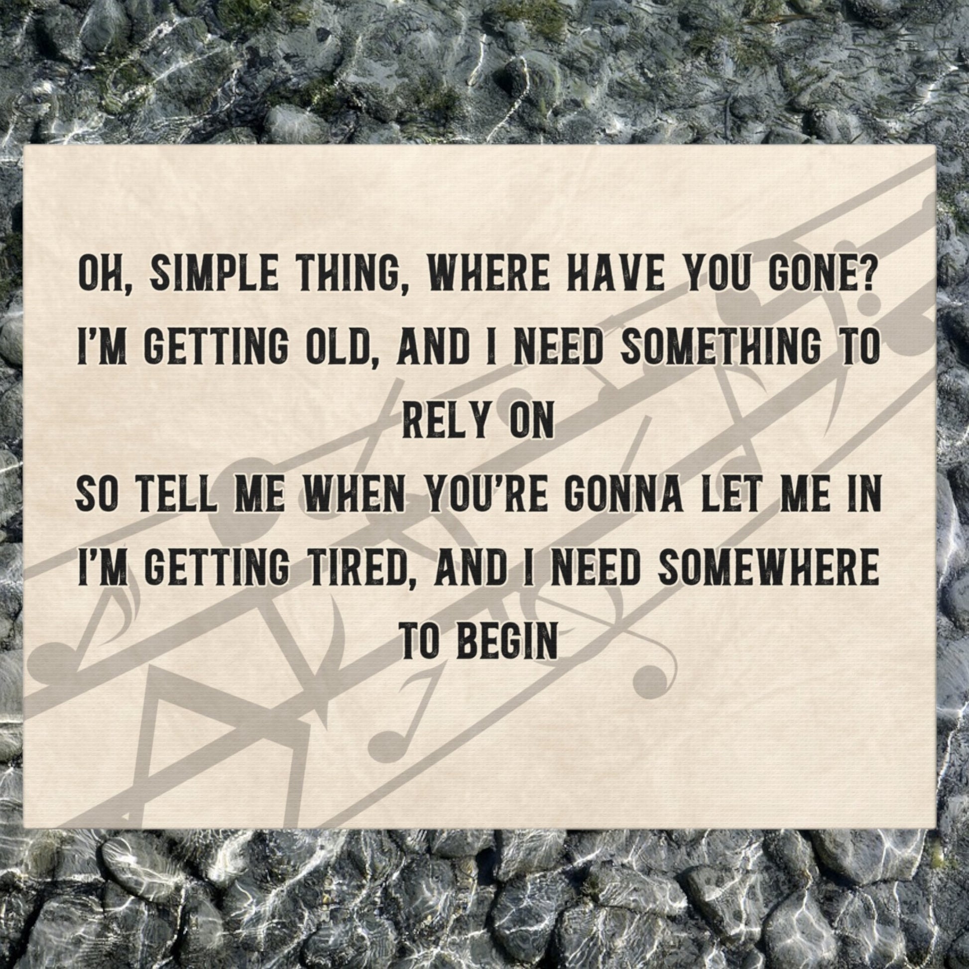 Custom song lyric sign with tan background and music notes.
