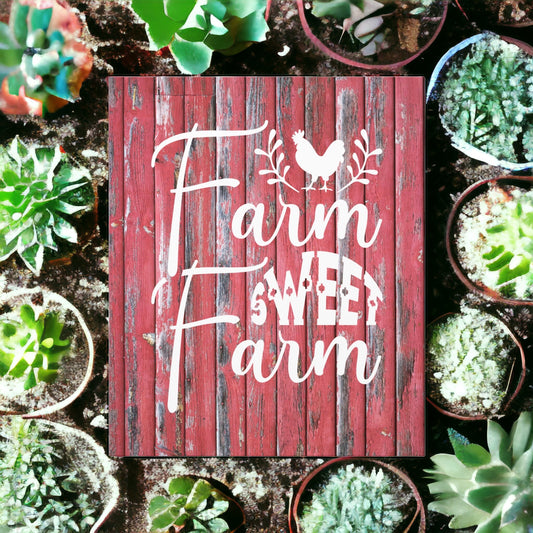 Farm Sweet Farm canvas wall art with red wood-style background
