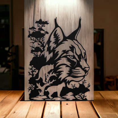 Nature metal art featuring a bobcat head surrounded by trees
