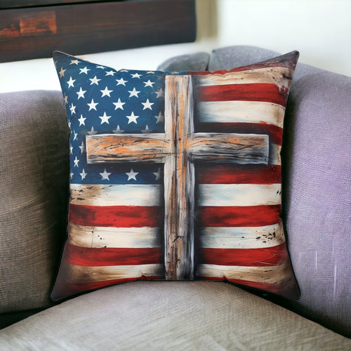 American Flag & Cross Throw Pillow