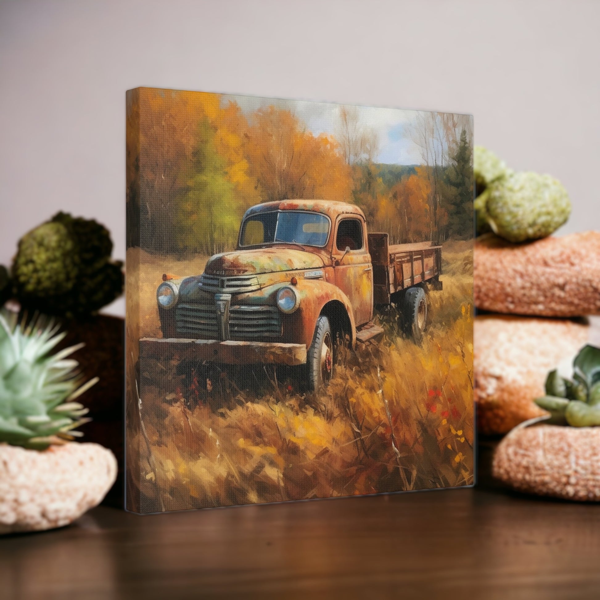 Antique farm truck canvas wall art with autumn field
