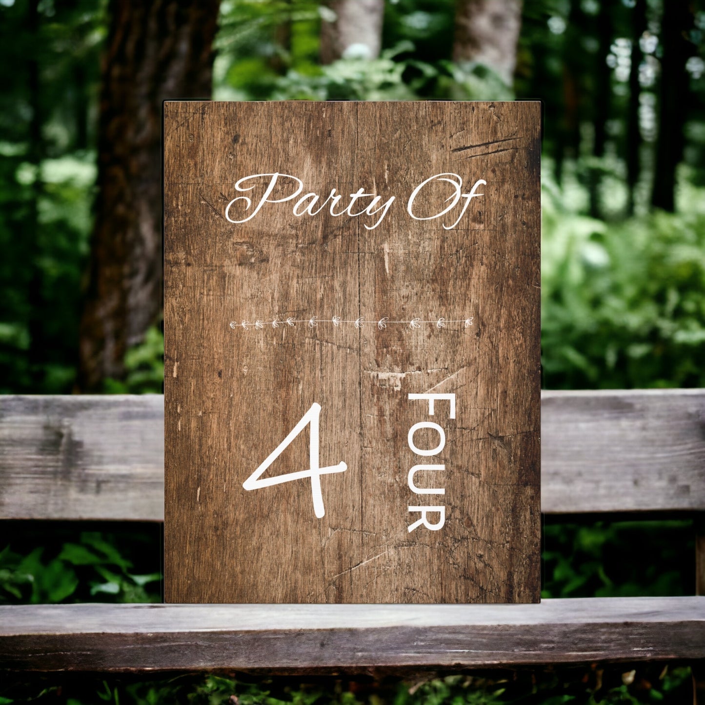 Party of 4 sign wall art with rustic brown wood background.
