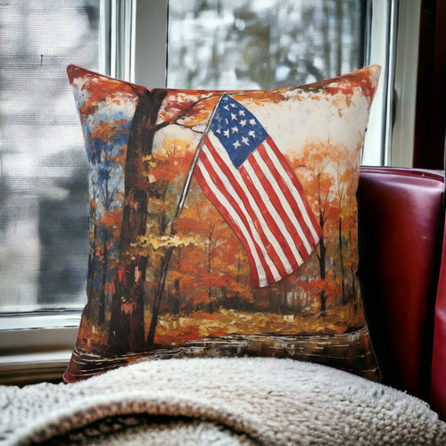 American Flag With Fall Background: Throw Pillow