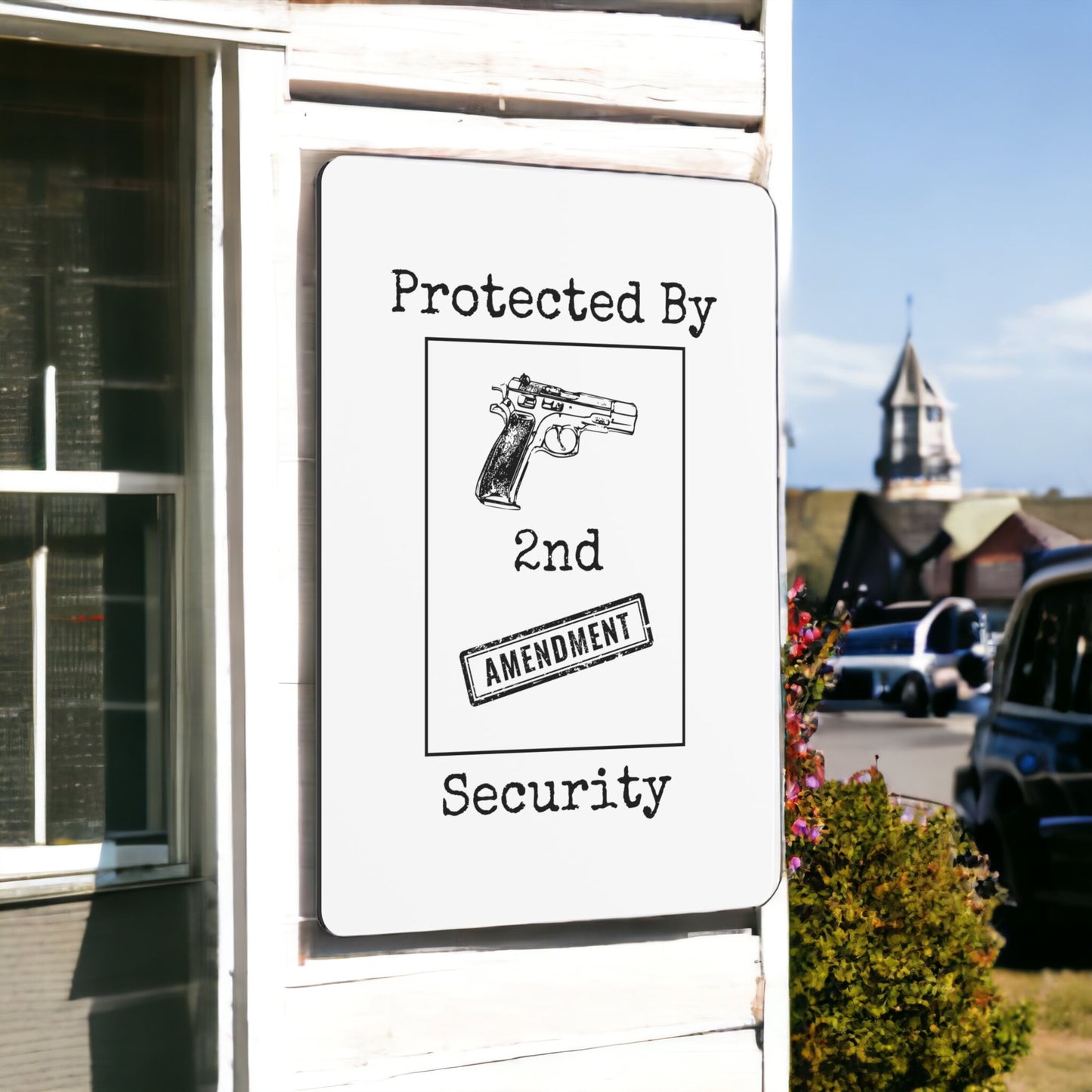 "Protected by 2nd Amendment Security" bold metal sign