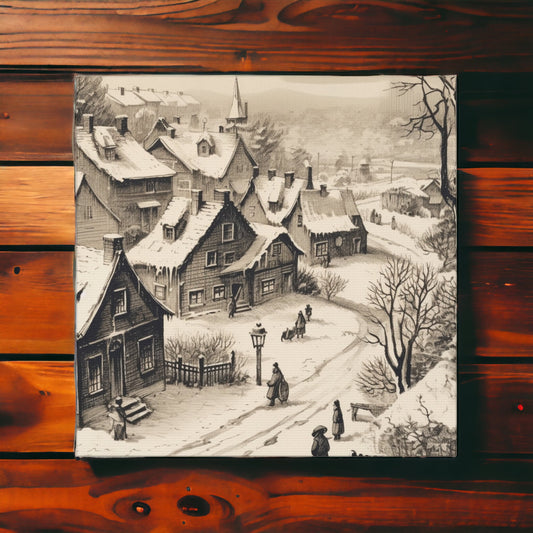 Vintage winter village canvas art in black and white