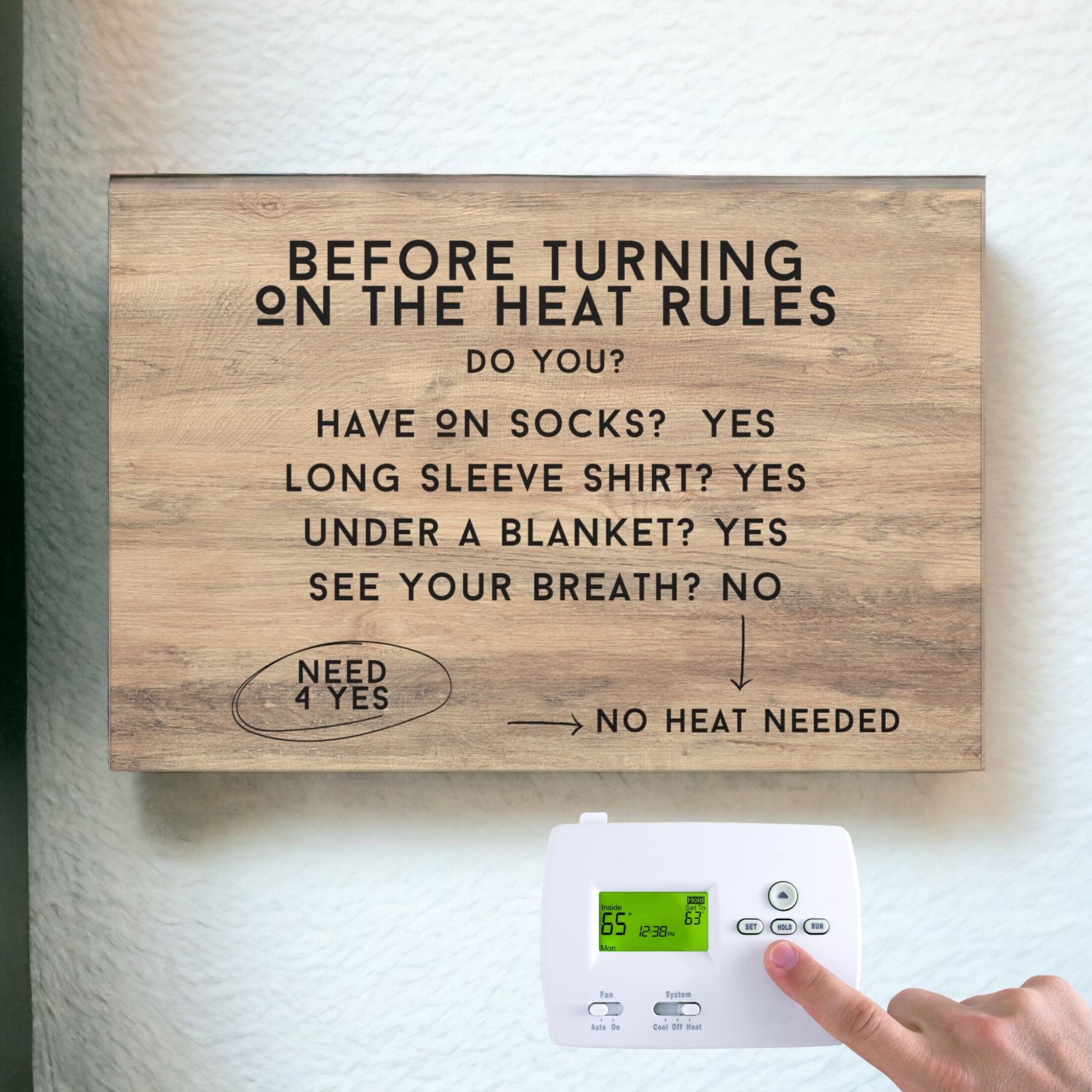 Funny house rules canvas with rustic wood background and thermostat checklist
