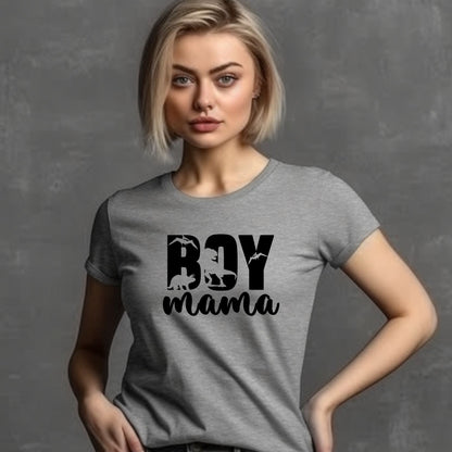 Boy Mama Dinosaur Shirt with dino-shaped letters.
