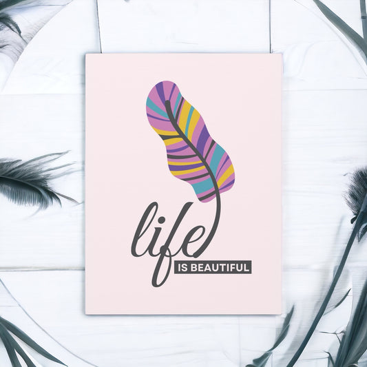 Life Is Beautiful Canvas – Feather Illustration & Pink Wall Art

