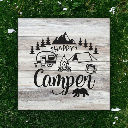 Happy Camper RV wall art with rustic grey wood background
