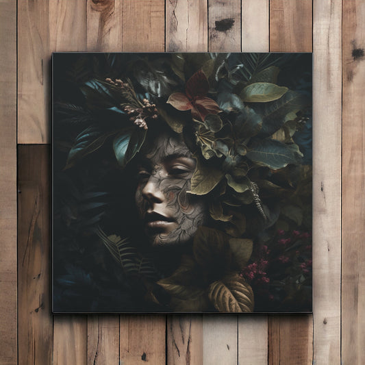 Woman nature canvas art with leaves blending into face
