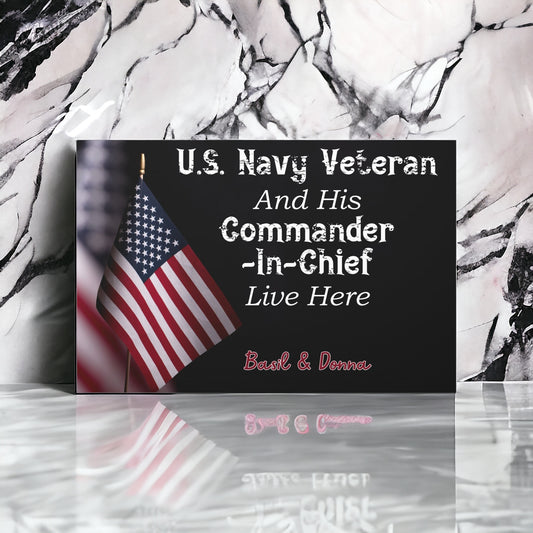 U.S. Navy wall decor with “Veteran and Commander in Chief” text and custom names.
