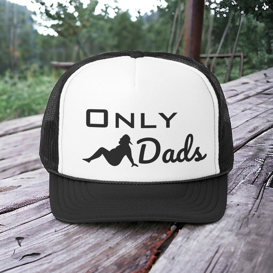 "Only Dads" trucker cap with dad bod graphic and playful slogan.