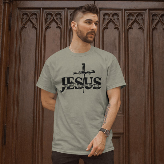John 14:6 T-shirt with wooden cross graphic and scripture quote
