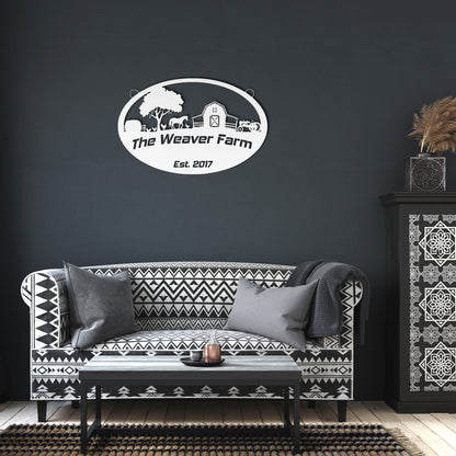 Custom metal ranch sign with horse and barn scene
