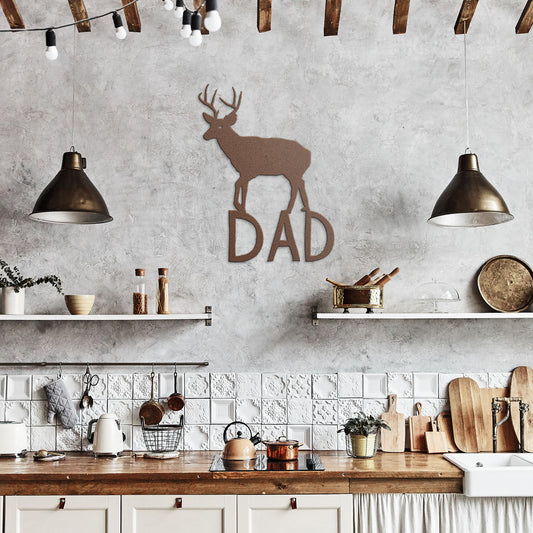 Metal deer sign featuring a buck standing on “DAD” letters
