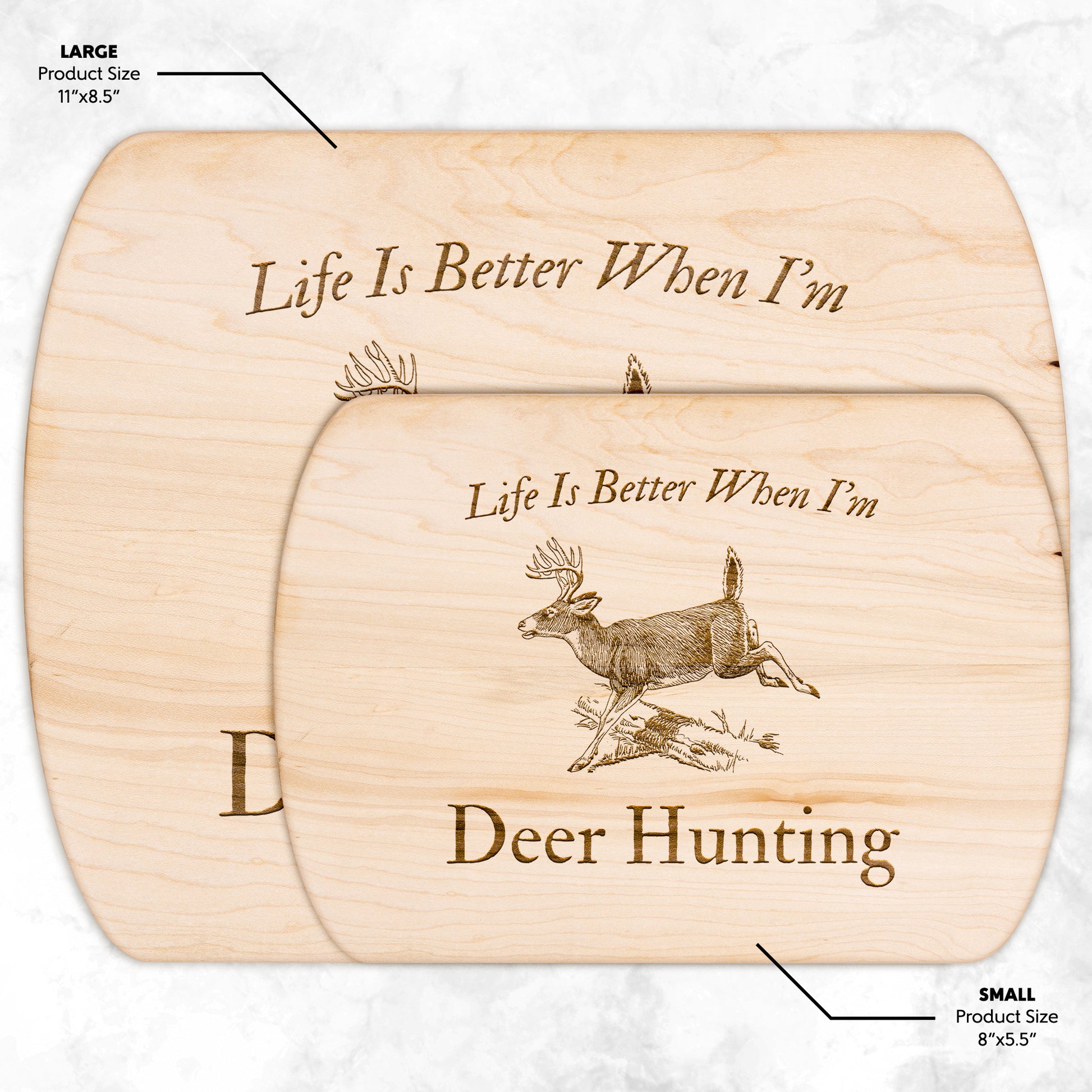 Two sizes available in hardwood cutting boards with outdoor hunting design.